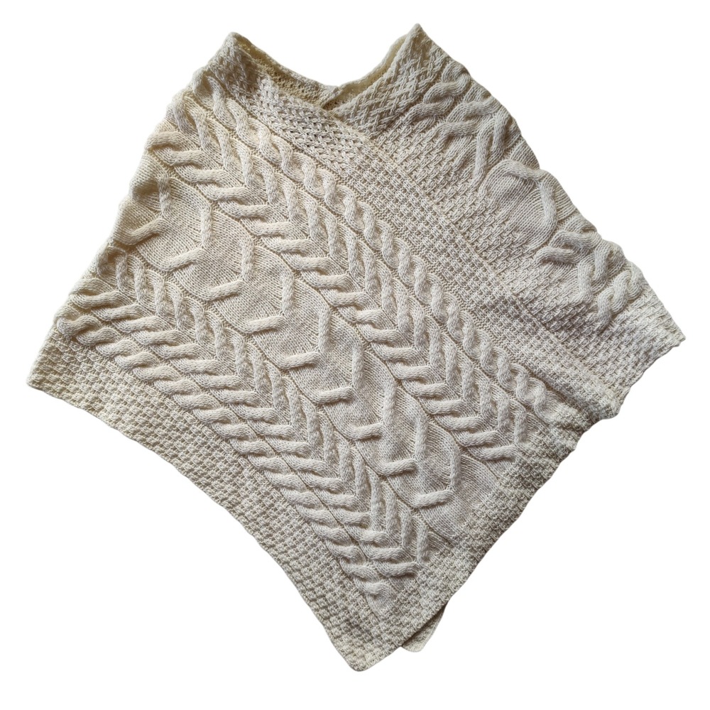 Aran Crafts Merino Wool Cable Knit Cape Fisherman Poncho Ireland Cream Soft O/S
